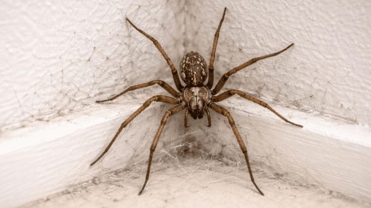 عنكبوت داخل المنزل على خيوطه في زاوية الغرفة